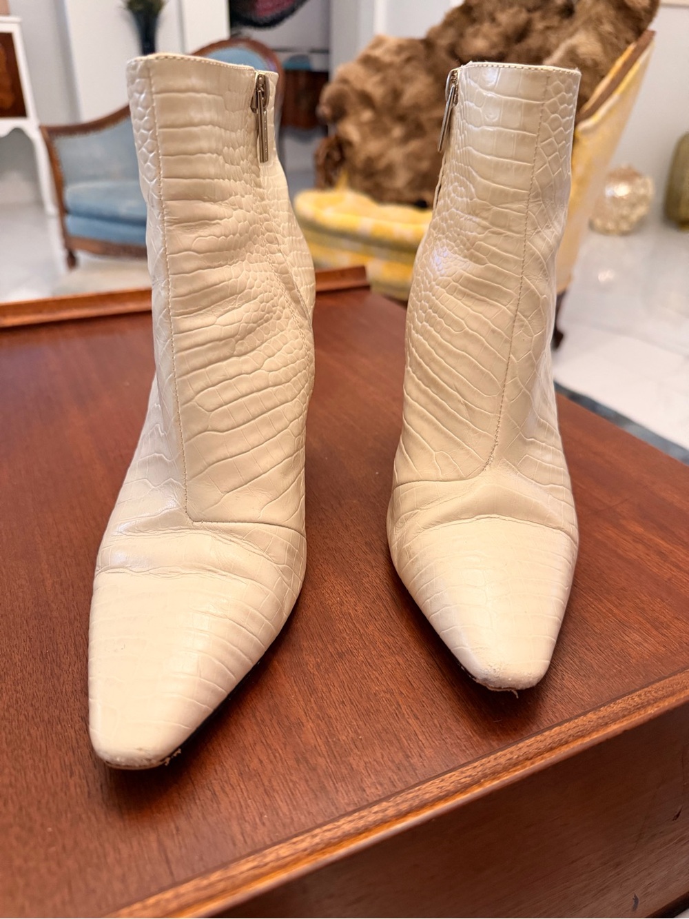 Vince Camuto Cream Croc-Embossed Pointed Toe Ankle Booties